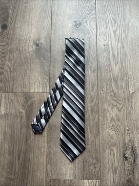 Kailong Silk Striped Black and Silver Men's Tie Classic Formal Accessory
